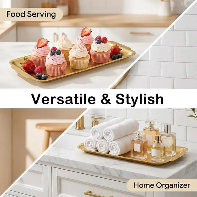 Alt view image 6 of 7 - 3-Piece Gold Serving Trays,304 Stainless Steel Heavy Duty Rectangular Platters,12.6 Inch Metal Food Server Set,Chip & Scratch Resistant,Rustproof Commercial Grade for Party, Wedding,Buffet,Christmas