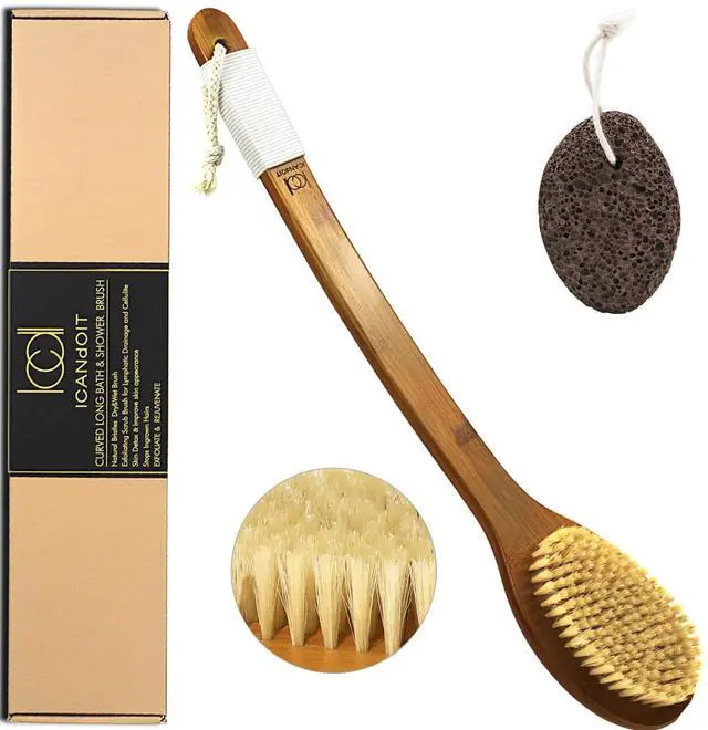 Main image of 17.71Inch Natural Boar Bristles Anti-Slip Long Handle Bath Brush,Bent Handle Shower Scrubber for Exfoliating,Shower Back Brush,Exfoliation Set with Pumice Stone (1 Pack)