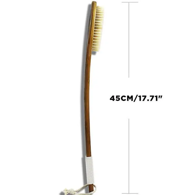 Alt view image 4 of 7 - 17.71Inch Natural Boar Bristles Anti-Slip Long Handle Bath Brush,Bent Handle Shower Scrubber for Exfoliating,Shower Back Brush,Exfoliation Set with Pumice Stone (1 Pack)