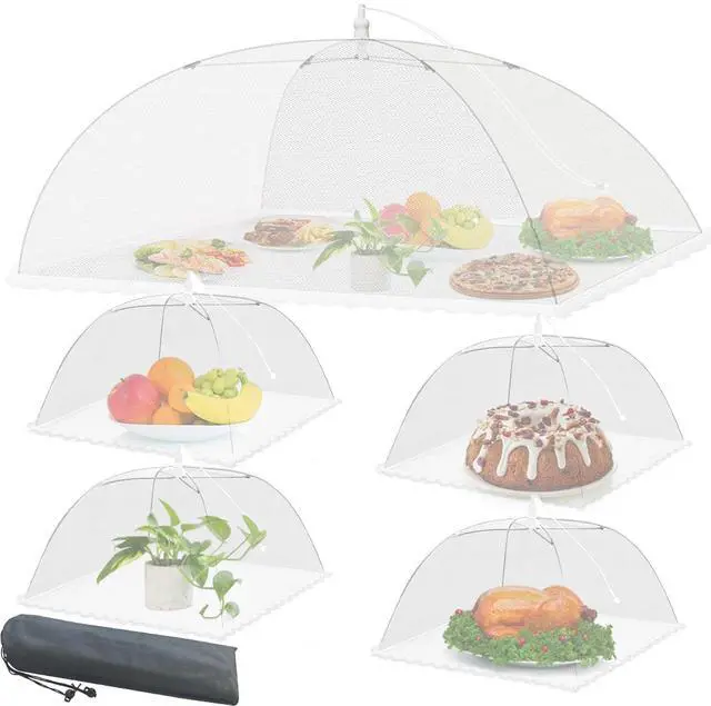 Main image of Mesh Food Covers for Outside - Upgraded 1 Extra Large 40x24 in & 4 Large 17x17 in Outdoor Party Food Cover Tent Collapsible Picnic Nets Umbrella Screen Pop Up Food Dome (White)