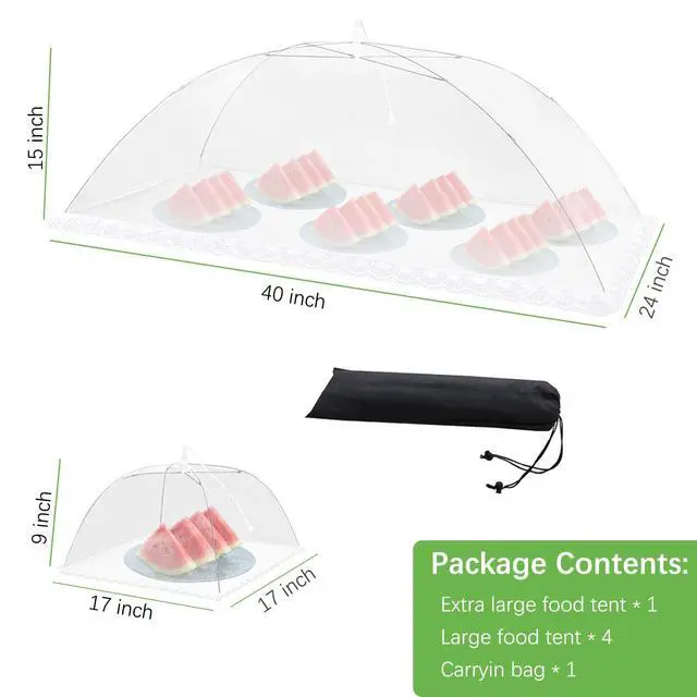 Alt view image 6 of 7 - Mesh Food Covers for Outside - Upgraded 1 Extra Large 40x24 in & 4 Large 17x17 in Outdoor Party Food Cover Tent Collapsible Picnic Nets Umbrella Screen Pop Up Food Dome (White)