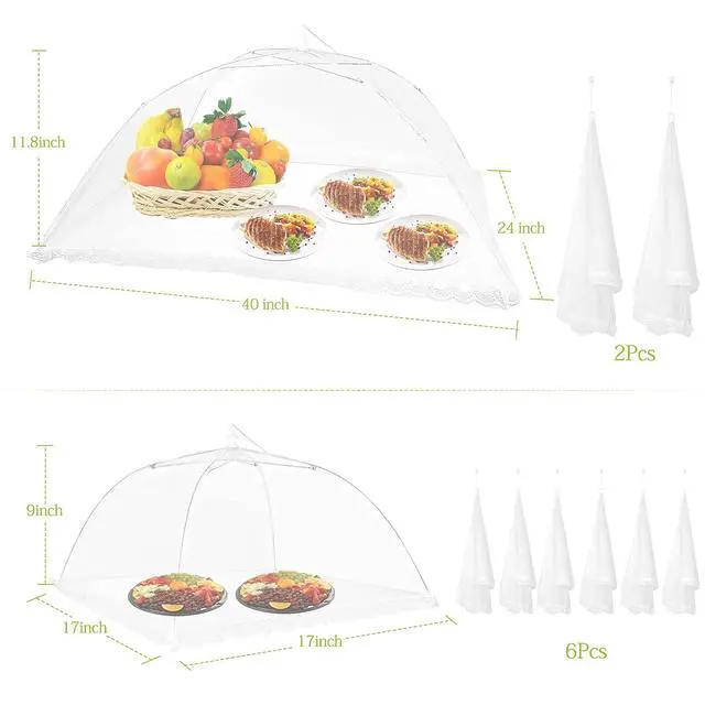 Alt view image 7 of 7 - Food Cover Food Tent Set, 2 Extra Large 40"X24" and 6 Standard 17"X17" Mesh Food Covers for Outside, 8 Pack Collapsible, Reusable Pop-Up Umbrella Food Nets for Picnics, Outdoor Camping, Parties, BBQ
