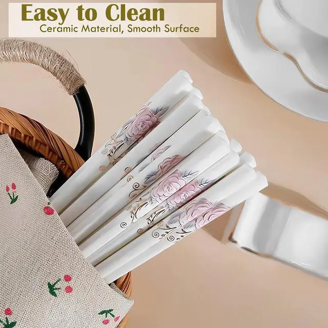 Alt view image 3 of 7 - Chopsticks 5 Pairs,Pink Peonie,Reusable Porcelain Chop Sticks