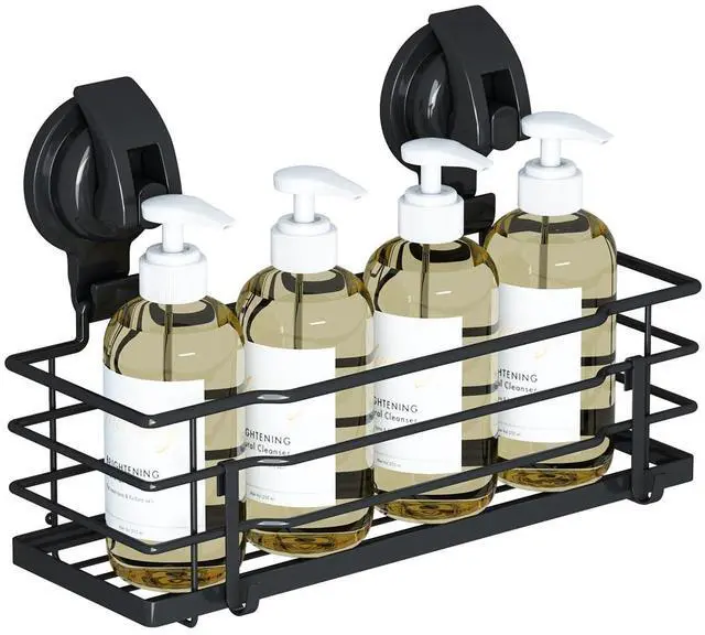 Main image of Suction Cup Shower Caddy, Shower Shelf Soap Dish with Hooks for Razor, Sponge, Rust Proof 304 Stainless Steel, Black
