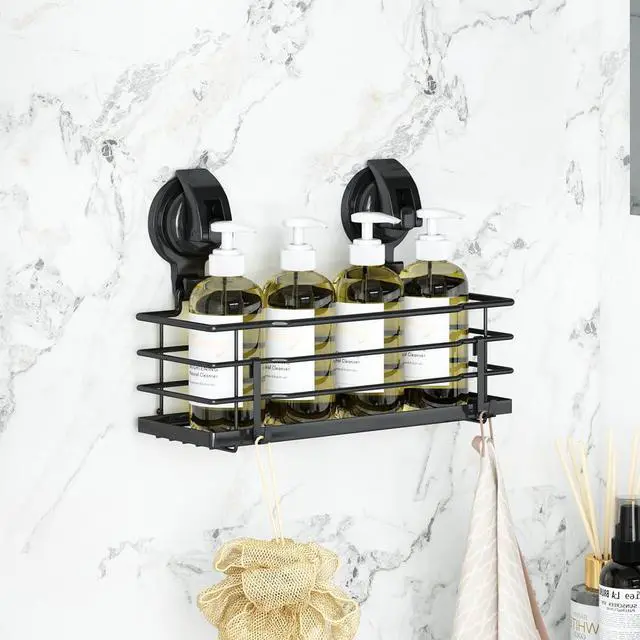 Alt view image 3 of 7 - Suction Cup Shower Caddy, Shower Shelf Soap Dish with Hooks for Razor, Sponge, Rust Proof 304 Stainless Steel, Black