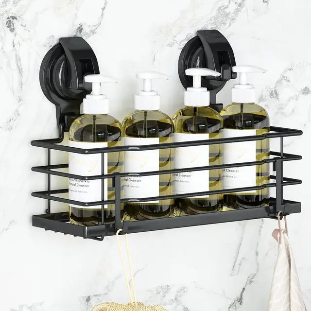 Alt view image 7 of 7 - Suction Cup Shower Caddy, Shower Shelf Soap Dish with Hooks for Razor, Sponge, Rust Proof 304 Stainless Steel, Black
