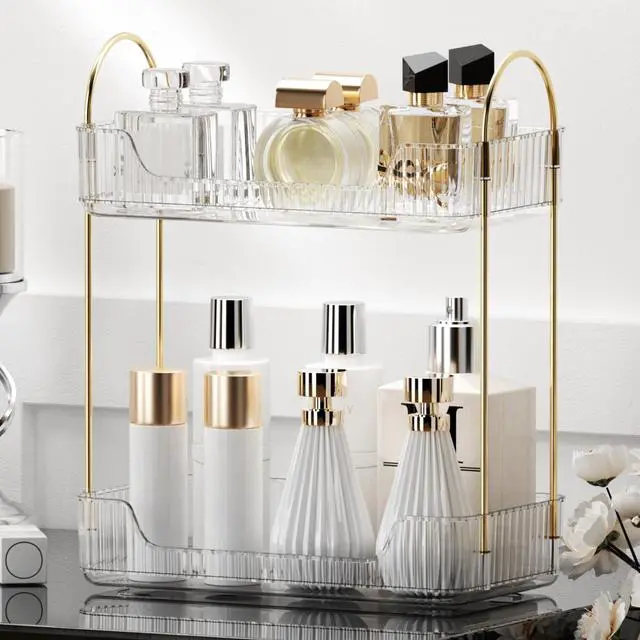 Main image of Bathroom Organizer Countertop, Makeup Storage, Skincare Cosmetic Tray Shelf, Perfume Holder Rack for Vanity Counter, Large Capacity, Easy to Install, Clean, 2 Tiers, Clear White
