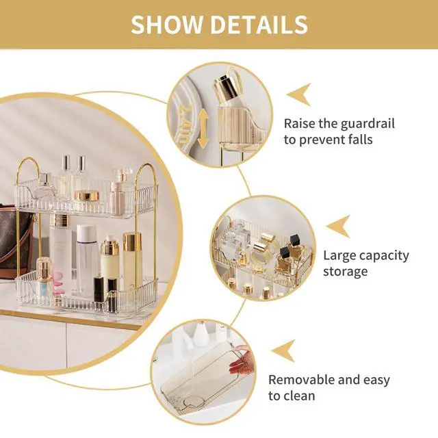 Alt view image 3 of 6 - Bathroom Organizer Countertop, Makeup Storage, Skincare Cosmetic Tray Shelf, Perfume Holder Rack for Vanity Counter, Large Capacity, Easy to Install, Clean, 2 Tiers, Clear White