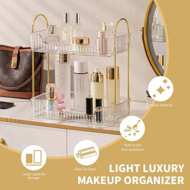 Alt view image 4 of 6 - Bathroom Organizer Countertop, Makeup Storage, Skincare Cosmetic Tray Shelf, Perfume Holder Rack for Vanity Counter, Large Capacity, Easy to Install, Clean, 2 Tiers, Clear White