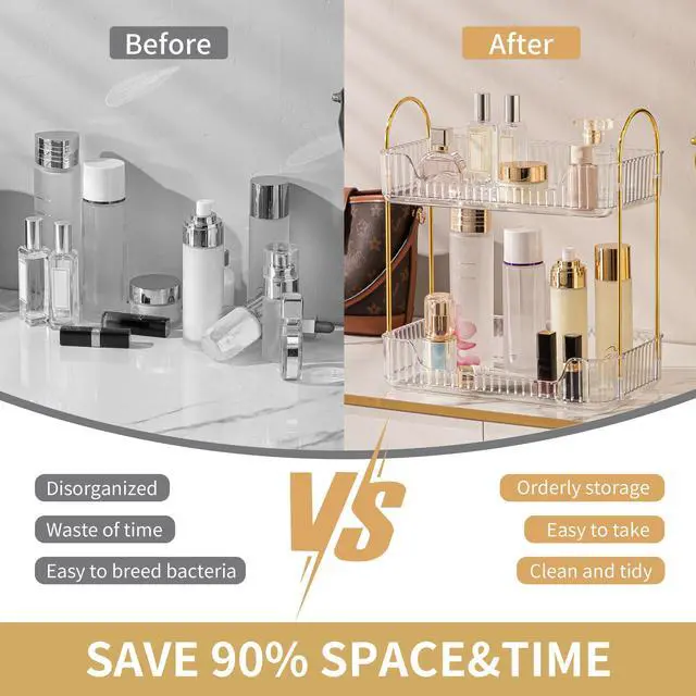 Alt view image 2 of 6 - Bathroom Organizer Countertop, Makeup Storage, Skincare Cosmetic Tray Shelf, Perfume Holder Rack for Vanity Counter, Large Capacity, Easy to Install, Clean, 2 Tiers, Clear White