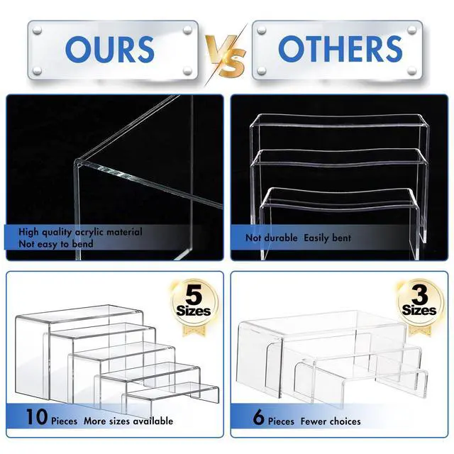 Alt view image 3 of 7 - Large Acrylic Risers, 10 Pcs 2 Set(7L~8L~9L) Riser Display Shelf, Clear Rectangular Display Stands Set, Transparent Shelves for Decor, Showcase Holder for Cupcake