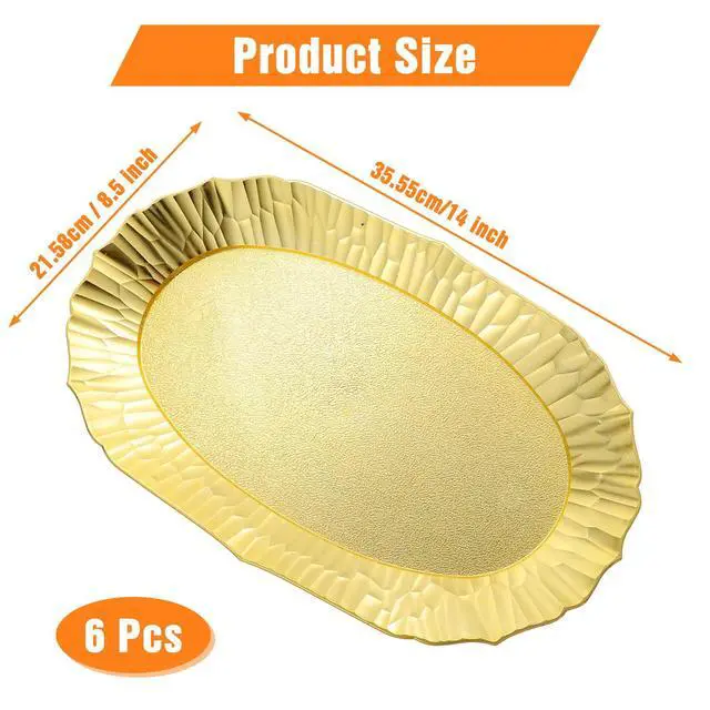 Alt view image 2 of 6 - 6 Pack Plastic Serving Tray Set, Gold Rectangular Serving Platters 14"x8.5", Reusable Food Display Trays, Decorative Appetizer Platters for Party Dessert Table Cupcake Charcuterie Cookies
