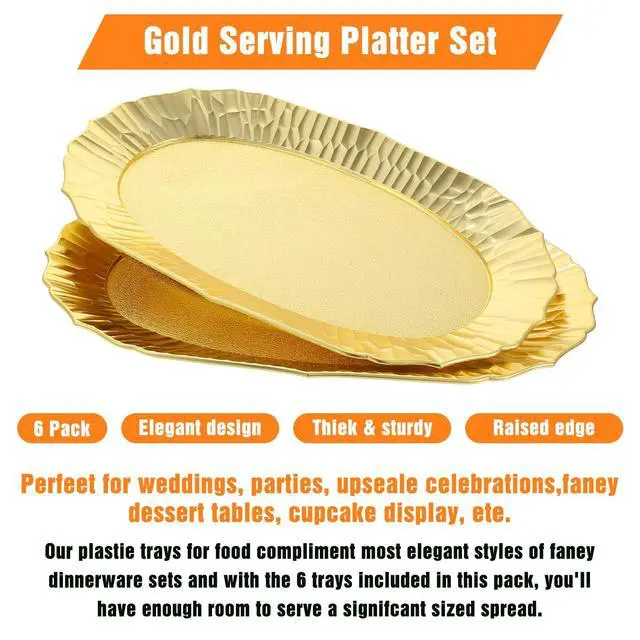 Alt view image 6 of 6 - 6 Pack Plastic Serving Tray Set, Gold Rectangular Serving Platters 14"x8.5", Reusable Food Display Trays, Decorative Appetizer Platters for Party Dessert Table Cupcake Charcuterie Cookies