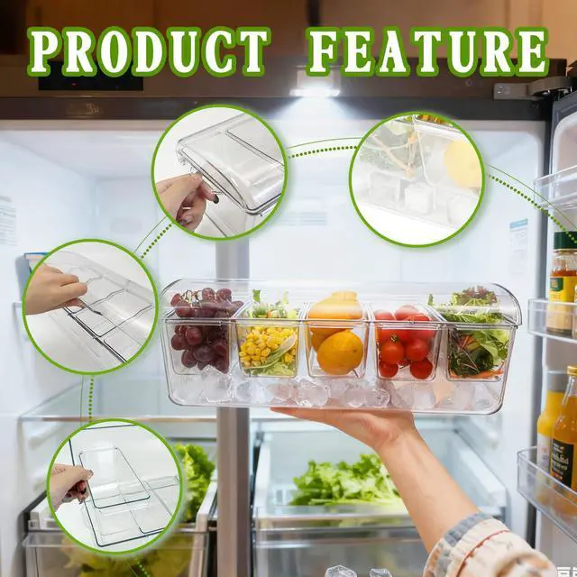 Alt view image 3 of 6 - Ice Chilled Condiment Server, 5 Removable Compartments Condiment Containers with Lids Drain Plug, Clear Garnish Tray Serving Platter Holder for Caddy Fruit Snack Sauce Taco Salad Bar Supplies