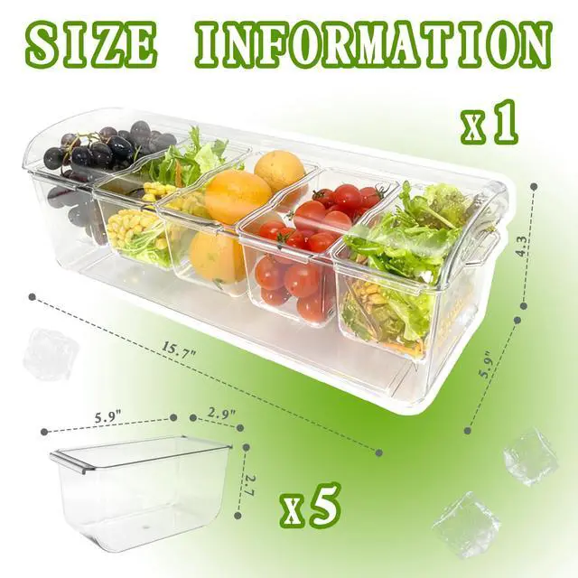 Alt view image 2 of 6 - Ice Chilled Condiment Server, 5 Removable Compartments Condiment Containers with Lids Drain Plug, Clear Garnish Tray Serving Platter Holder for Caddy Fruit Snack Sauce Taco Salad Bar Supplies
