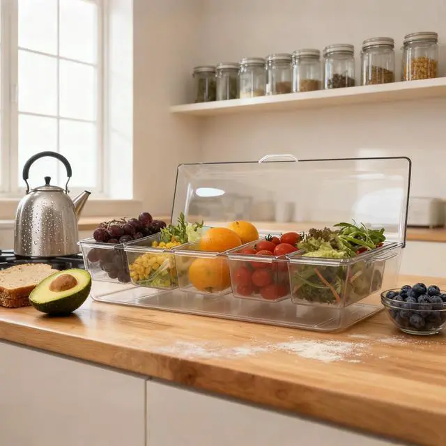 Alt view image 5 of 6 - Ice Chilled Condiment Server, 5 Removable Compartments Condiment Containers with Lids Drain Plug, Clear Garnish Tray Serving Platter Holder for Caddy Fruit Snack Sauce Taco Salad Bar Supplies