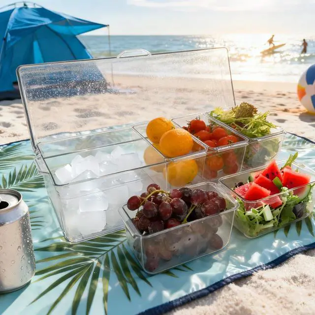 Alt view image 6 of 6 - Ice Chilled Condiment Server, 5 Removable Compartments Condiment Containers with Lids Drain Plug, Clear Garnish Tray Serving Platter Holder for Caddy Fruit Snack Sauce Taco Salad Bar Supplies