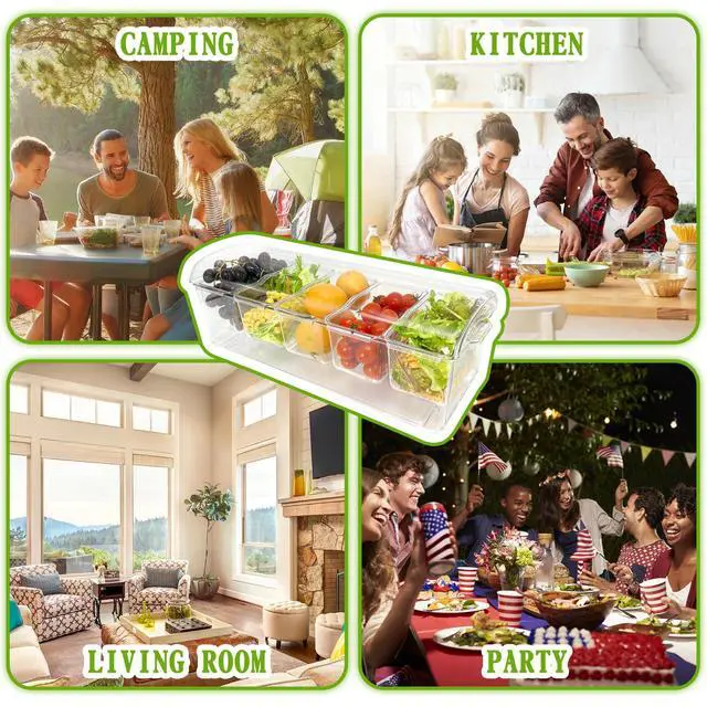 Alt view image 4 of 6 - Ice Chilled Condiment Server, 5 Removable Compartments Condiment Containers with Lids Drain Plug, Clear Garnish Tray Serving Platter Holder for Caddy Fruit Snack Sauce Taco Salad Bar Supplies