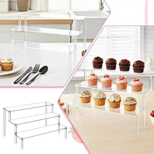 Alt view image 7 of 7 - 3 PACKS Acrylic Riser Clear Display Stand Perfume Stand Organizer Clear Shelf 3 Tier Cupcake Display Stands Clears Acrylic Shelf Risers for Collectibles, Dessert Shelves for Decoration and Organizer