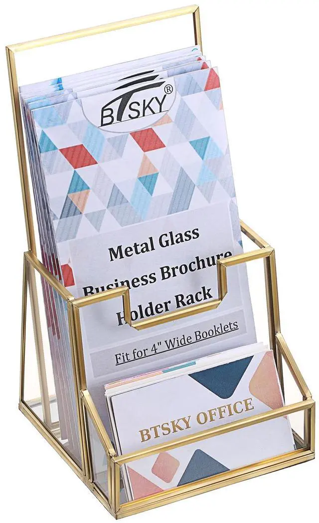 Main image of Golden Glass Brochure Holder for 4" Wide Trifold Handouts, Countertop Pamphlet Flyer Holder Display Stand with Business Card Holder, Clear Elegant Brochure Display Stand for Magazine Booklets