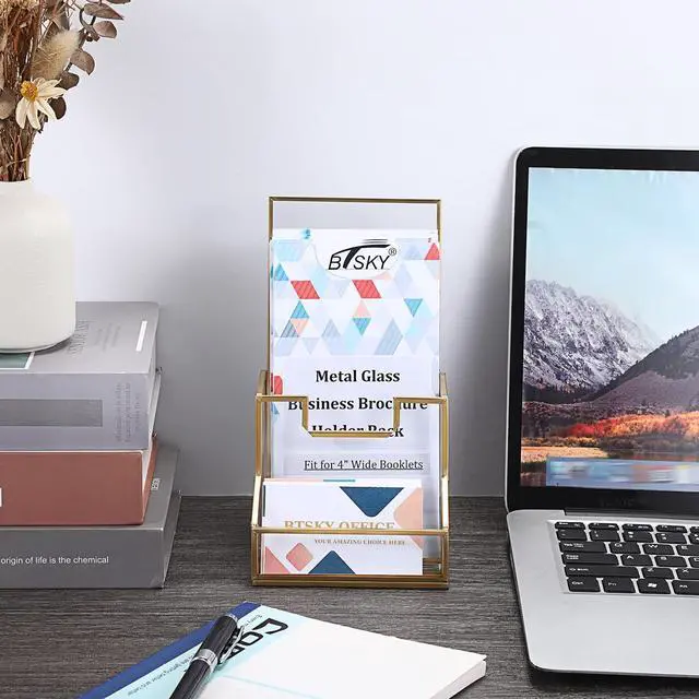 Alt view image 2 of 7 - Golden Glass Brochure Holder for 4" Wide Trifold Handouts, Countertop Pamphlet Flyer Holder Display Stand with Business Card Holder, Clear Elegant Brochure Display Stand for Magazine Booklets