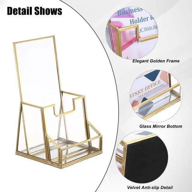 Alt view image 4 of 7 - Golden Glass Brochure Holder for 4" Wide Trifold Handouts, Countertop Pamphlet Flyer Holder Display Stand with Business Card Holder, Clear Elegant Brochure Display Stand for Magazine Booklets