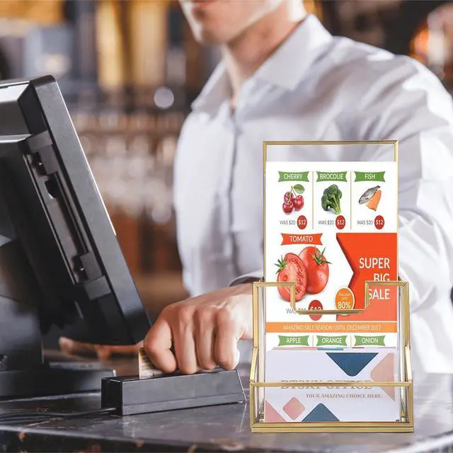 Alt view image 5 of 7 - Golden Glass Brochure Holder for 4" Wide Trifold Handouts, Countertop Pamphlet Flyer Holder Display Stand with Business Card Holder, Clear Elegant Brochure Display Stand for Magazine Booklets