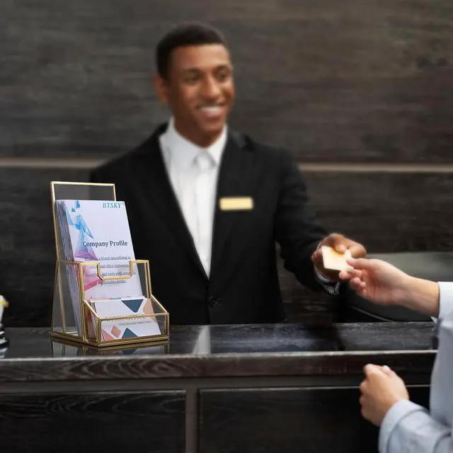 Alt view image 7 of 7 - Golden Glass Brochure Holder for 4" Wide Trifold Handouts, Countertop Pamphlet Flyer Holder Display Stand with Business Card Holder, Clear Elegant Brochure Display Stand for Magazine Booklets