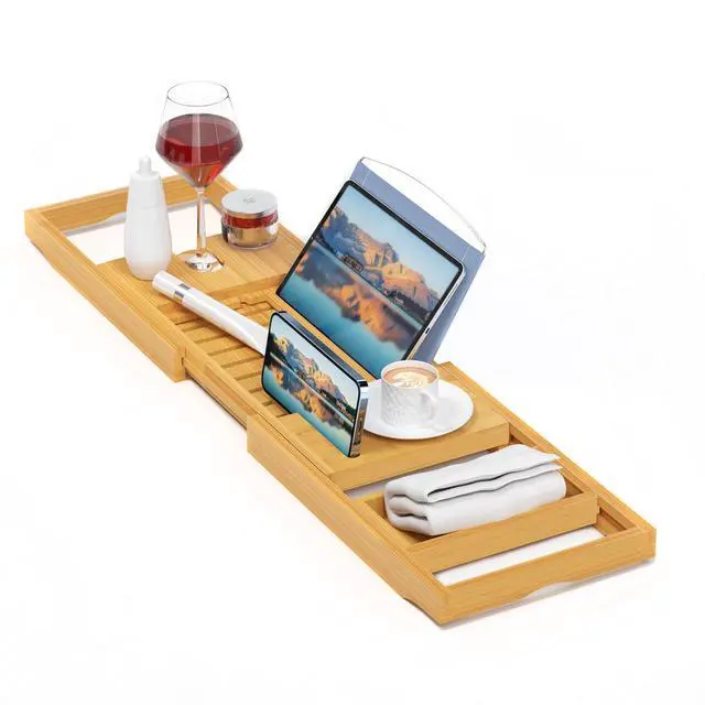 Main image of Luxury Bamboo Bathtub Tray - Wooden Expandable Caddy with Book, Tablet, Wine Holder - Gift Idea