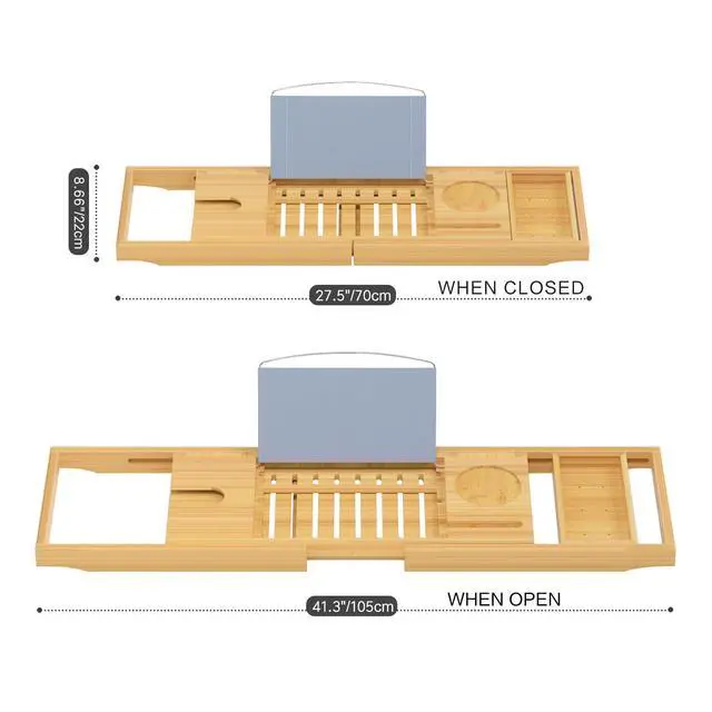 Alt view image 2 of 7 - Luxury Bamboo Bathtub Tray - Wooden Expandable Caddy with Book, Tablet, Wine Holder - Gift Idea
