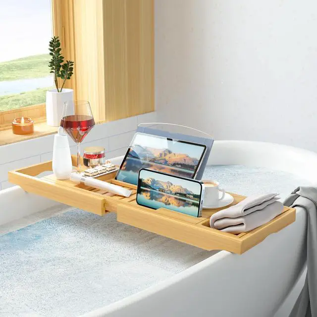 Alt view image 4 of 7 - Luxury Bamboo Bathtub Tray - Wooden Expandable Caddy with Book, Tablet, Wine Holder - Gift Idea