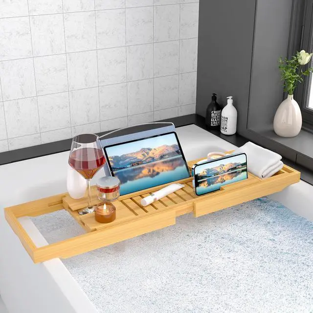 Alt view image 3 of 7 - Luxury Bamboo Bathtub Tray - Wooden Expandable Caddy with Book, Tablet, Wine Holder - Gift Idea