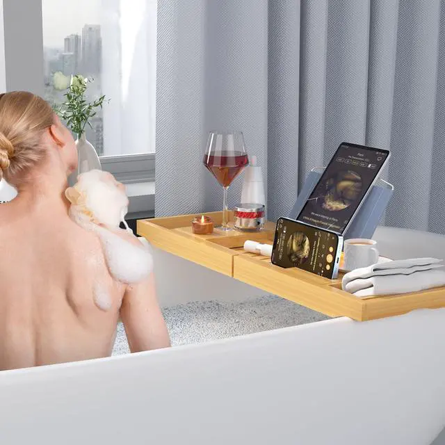 Alt view image 5 of 7 - Luxury Bamboo Bathtub Tray - Wooden Expandable Caddy with Book, Tablet, Wine Holder - Gift Idea