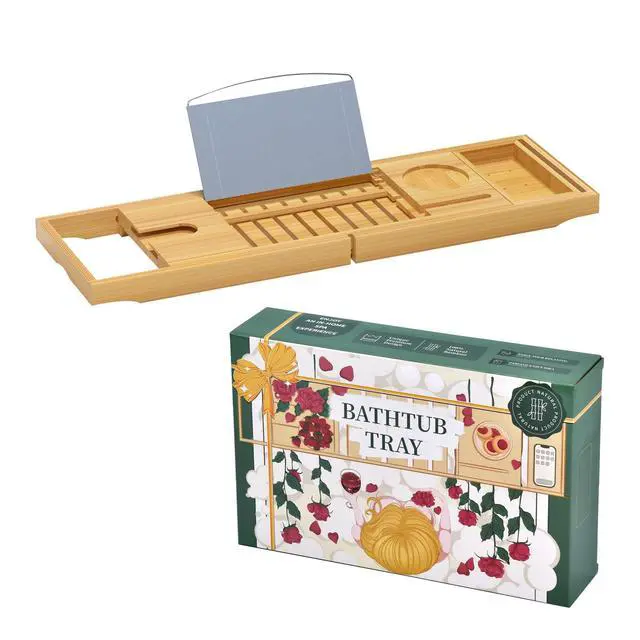 Alt view image 6 of 7 - Luxury Bamboo Bathtub Tray - Wooden Expandable Caddy with Book, Tablet, Wine Holder - Gift Idea