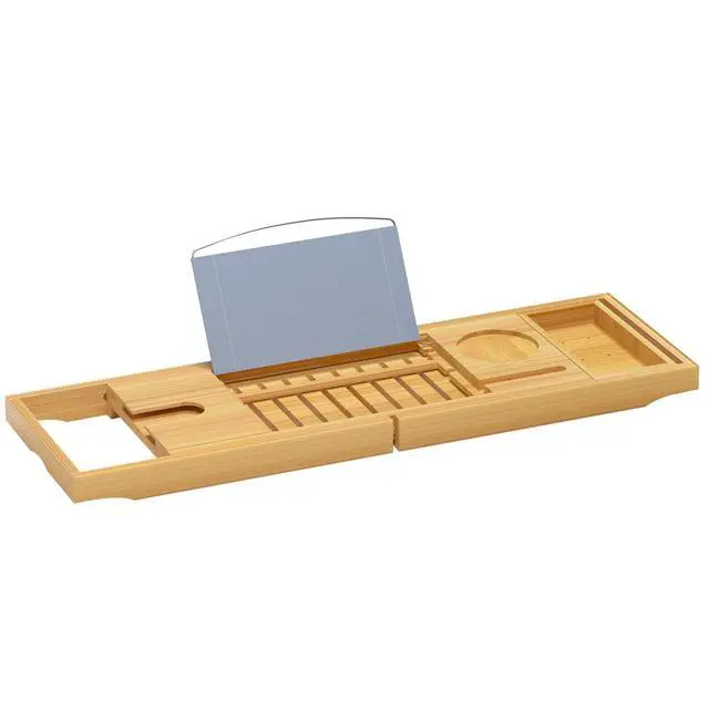 Alt view image 7 of 7 - Luxury Bamboo Bathtub Tray - Wooden Expandable Caddy with Book, Tablet, Wine Holder - Gift Idea