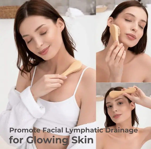 Alt view image 5 of 7 - Dry Brushing Body Brush Set Natural Bristle Spa Exfoliator Kit with Face Cleansing Brush, Long Dry Brushing Body Brush for Lymphatic Drainage & Massaging Cellulite Brush for Smooth, Radiant Skin