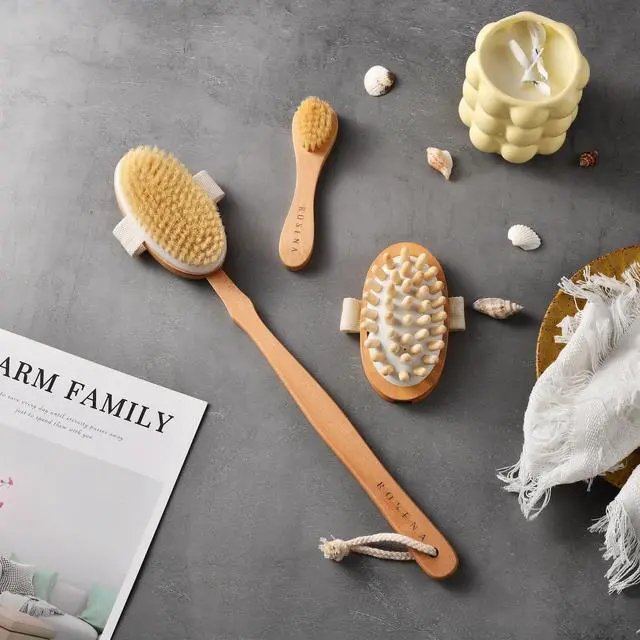 Alt view image 7 of 7 - Dry Brushing Body Brush Set Natural Bristle Spa Exfoliator Kit with Face Cleansing Brush, Long Dry Brushing Body Brush for Lymphatic Drainage & Massaging Cellulite Brush for Smooth, Radiant Skin