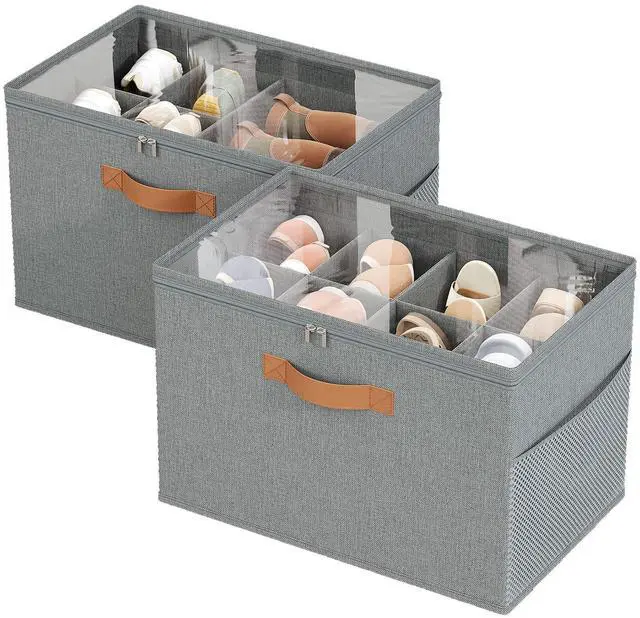 Main image of 2 Pack Shoe Organizer for Closet,Foldable Shoe Storage Organizer with Adjustable Dividers, Shoe Storage Box with Clear Cover, Fits up to 16 Pairs, Gray