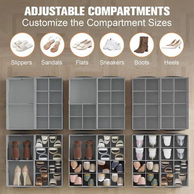 Alt view image 2 of 7 - 2 Pack Shoe Organizer for Closet,Foldable Shoe Storage Organizer with Adjustable Dividers, Shoe Storage Box with Clear Cover, Fits up to 16 Pairs, Gray