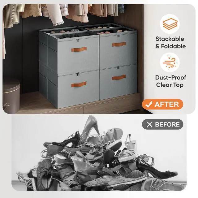 Alt view image 4 of 7 - 2 Pack Shoe Organizer for Closet,Foldable Shoe Storage Organizer with Adjustable Dividers, Shoe Storage Box with Clear Cover, Fits up to 16 Pairs, Gray