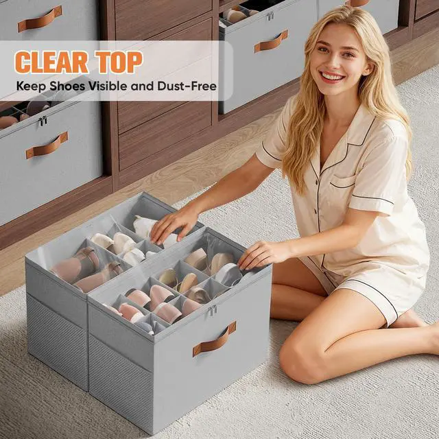 Alt view image 6 of 7 - 2 Pack Shoe Organizer for Closet,Foldable Shoe Storage Organizer with Adjustable Dividers, Shoe Storage Box with Clear Cover, Fits up to 16 Pairs, Gray