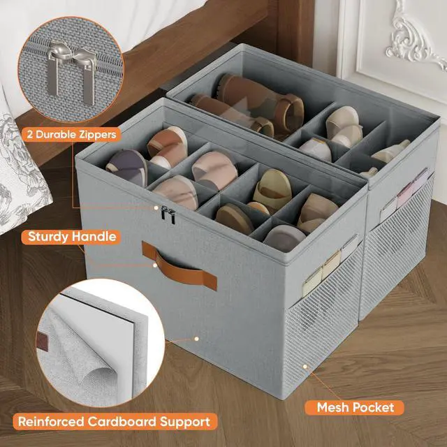 Alt view image 5 of 7 - 2 Pack Shoe Organizer for Closet,Foldable Shoe Storage Organizer with Adjustable Dividers, Shoe Storage Box with Clear Cover, Fits up to 16 Pairs, Gray