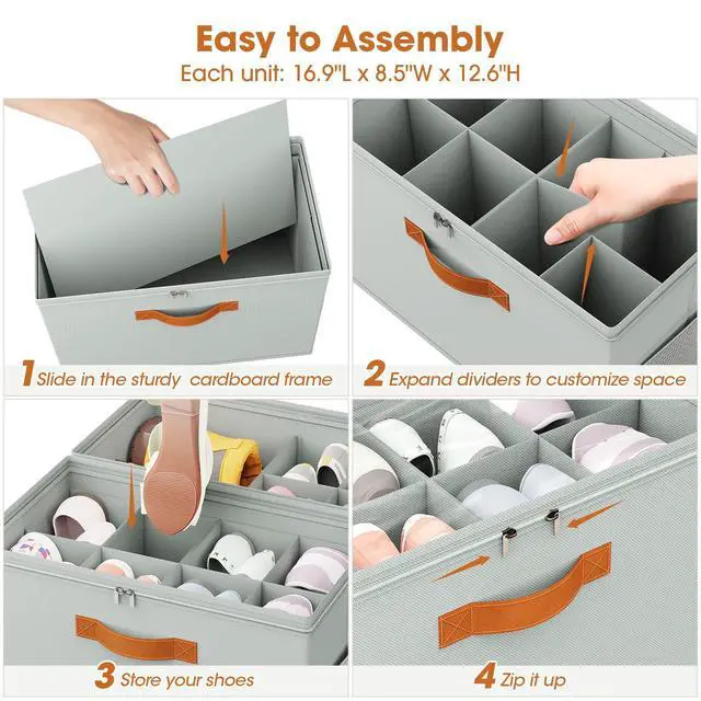 Alt view image 7 of 7 - 2 Pack Shoe Organizer for Closet,Foldable Shoe Storage Organizer with Adjustable Dividers, Shoe Storage Box with Clear Cover, Fits up to 16 Pairs, Gray