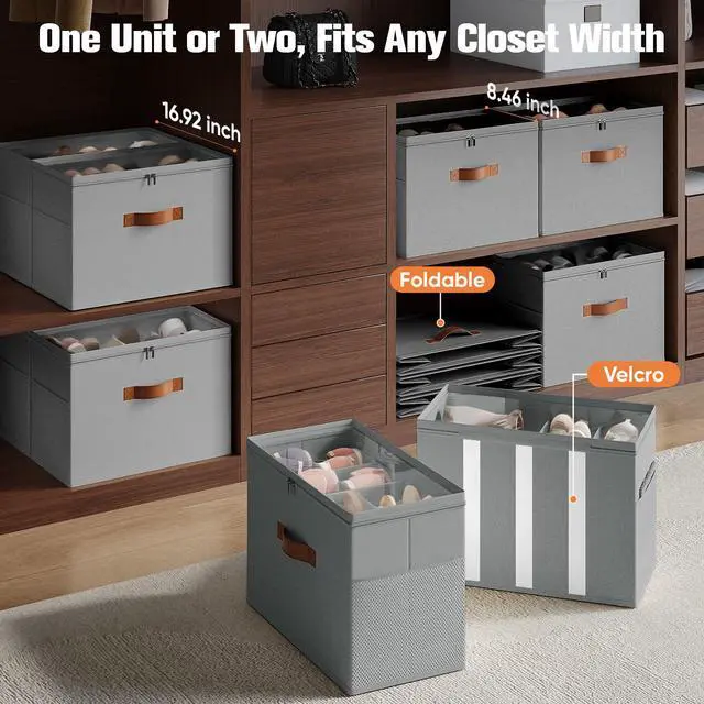 Alt view image 3 of 7 - 2 Pack Shoe Organizer for Closet,Foldable Shoe Storage Organizer with Adjustable Dividers, Shoe Storage Box with Clear Cover, Fits up to 16 Pairs, Gray