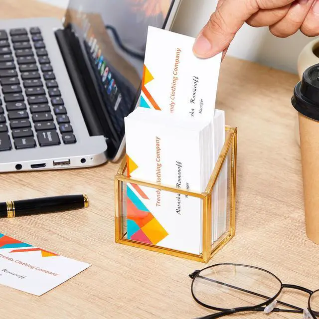 Alt view image 5 of 6 - 2 Pcs Vertical Business Card Holder Gold Glass Sticker Display Stand for Desk Name Card Organizer Storage for Office Meeting Desk Countertop
