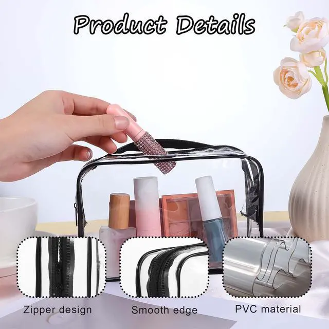 Alt view image 3 of 7 - 24 Pack Clear Makeup Bag, Waterproof Toiletry Bags, PVC Makeup Bags for Women, Organizer Case with Zipper for Travel Bathroom (Black)