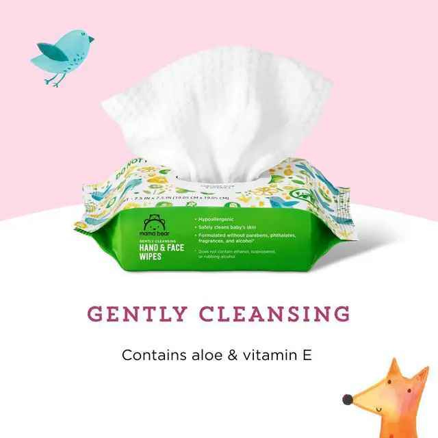 Alt view image 2 of 7 - Mama Bear Baby Hand & Face Wipes, Unscented, Fragrance Free, Cleansing, Formulated without Parabens and Phthalates, 180 Count (9 Packs of 20)