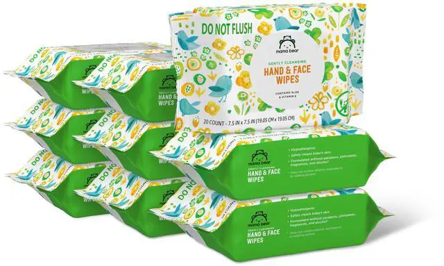 Main image of Mama Bear Baby Hand & Face Wipes, Unscented, Fragrance Free, Cleansing, Formulated without Parabens and Phthalates, 180 Count (9 Packs of 20)