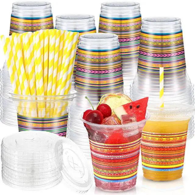 Main image of 50 Pack 12 oz Fiesta Plastic Cups with Lids and Paper Straws Mexican Clear Disposable Cups Bulk Cinco De Mayo Party Decorations for Fiesta Taco Birthday Party Drinkware Supplies