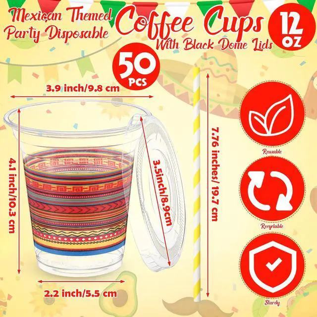 Alt view image 2 of 6 - 50 Pack 12 oz Fiesta Plastic Cups with Lids and Paper Straws Mexican Clear Disposable Cups Bulk Cinco De Mayo Party Decorations for Fiesta Taco Birthday Party Drinkware Supplies